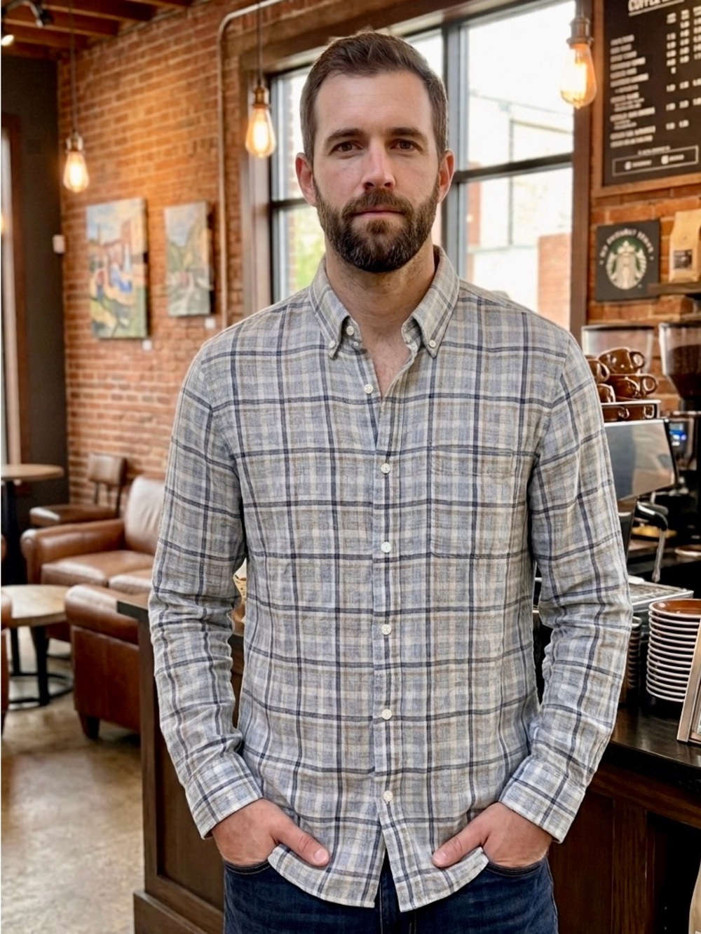 1901 Men's Gray Blue Tan Checkered Shirt